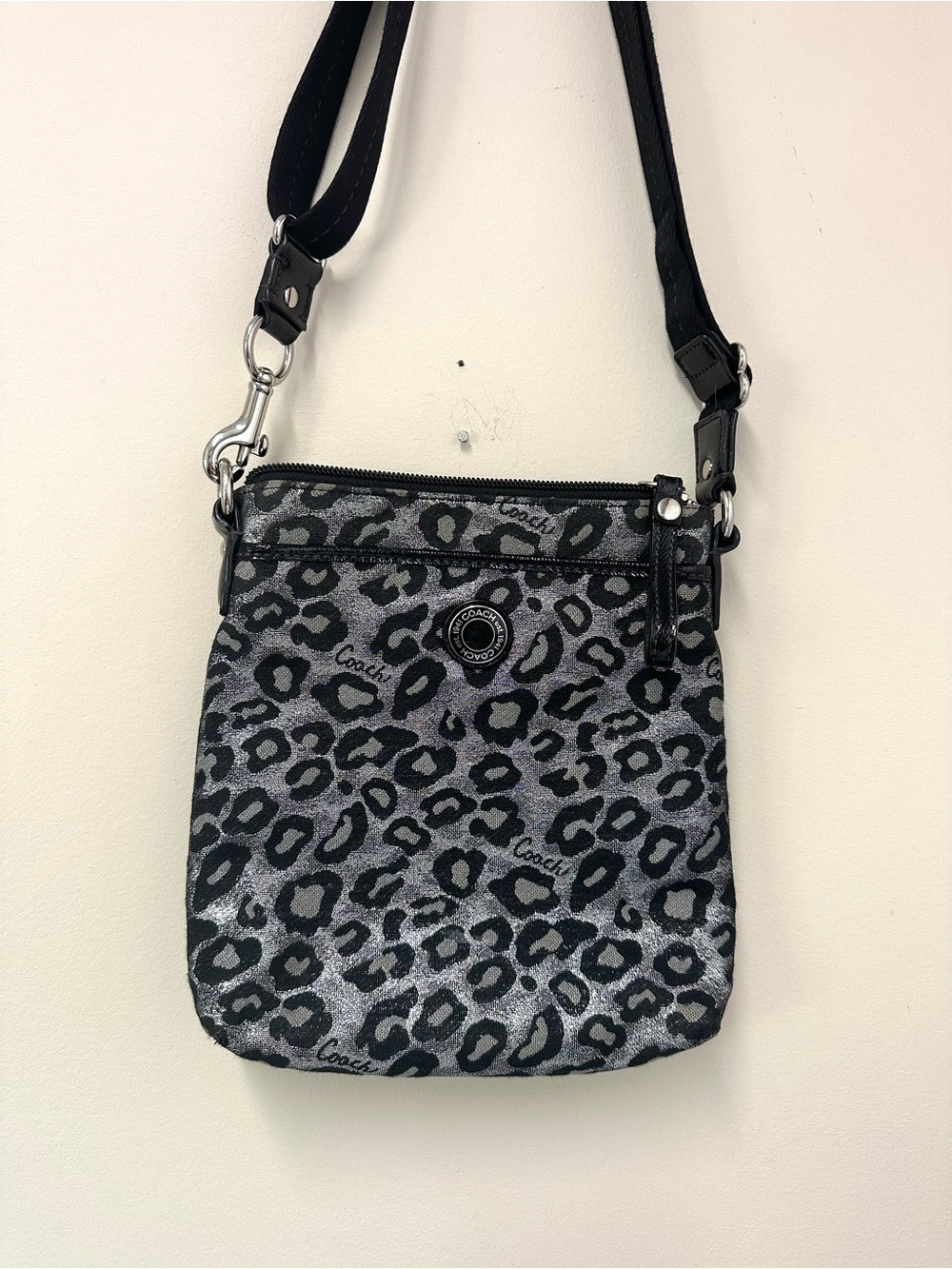 Coach Ocelot Leopard Black and Silver Swingpack Crossbody Bag